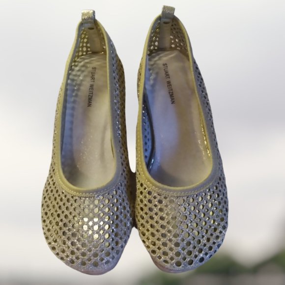 STUART WEITZMAN (3) GIRLS CAY LACE PLATINUM NOIR HEEL WEDGE Size 3  LIKE NEW - Picture 2 of 9